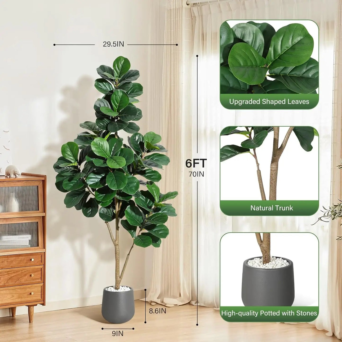 Artificial Fiddle Leaf Fig Tree (4–7 FT) – Lifelike Faux Indoor Floor Plant with Pot for Home & Living Room Decor