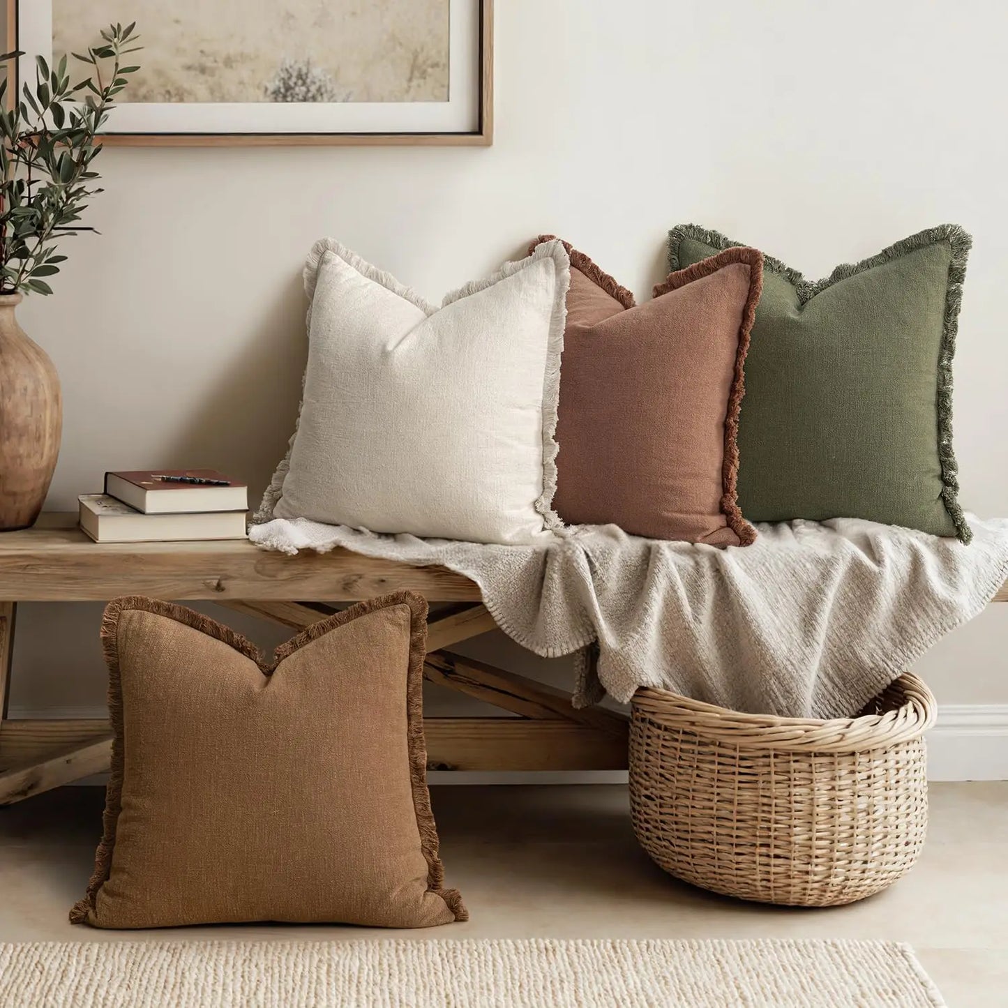 Decorative Couch Pillow Covers Neutral Linen Fringe Throw Pillows Set of 4 Soft Rustic Cushions Boho Farmhouse Pillowcases for Bed Sofa Living Room Spring Decor 18x18 Inch Beige/Brown/Green