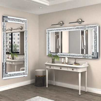 Large Silver Rhinestone Frameless Mirror – Sparkly Crystal Wall Decor for Bedroom, Living Room & Vanity