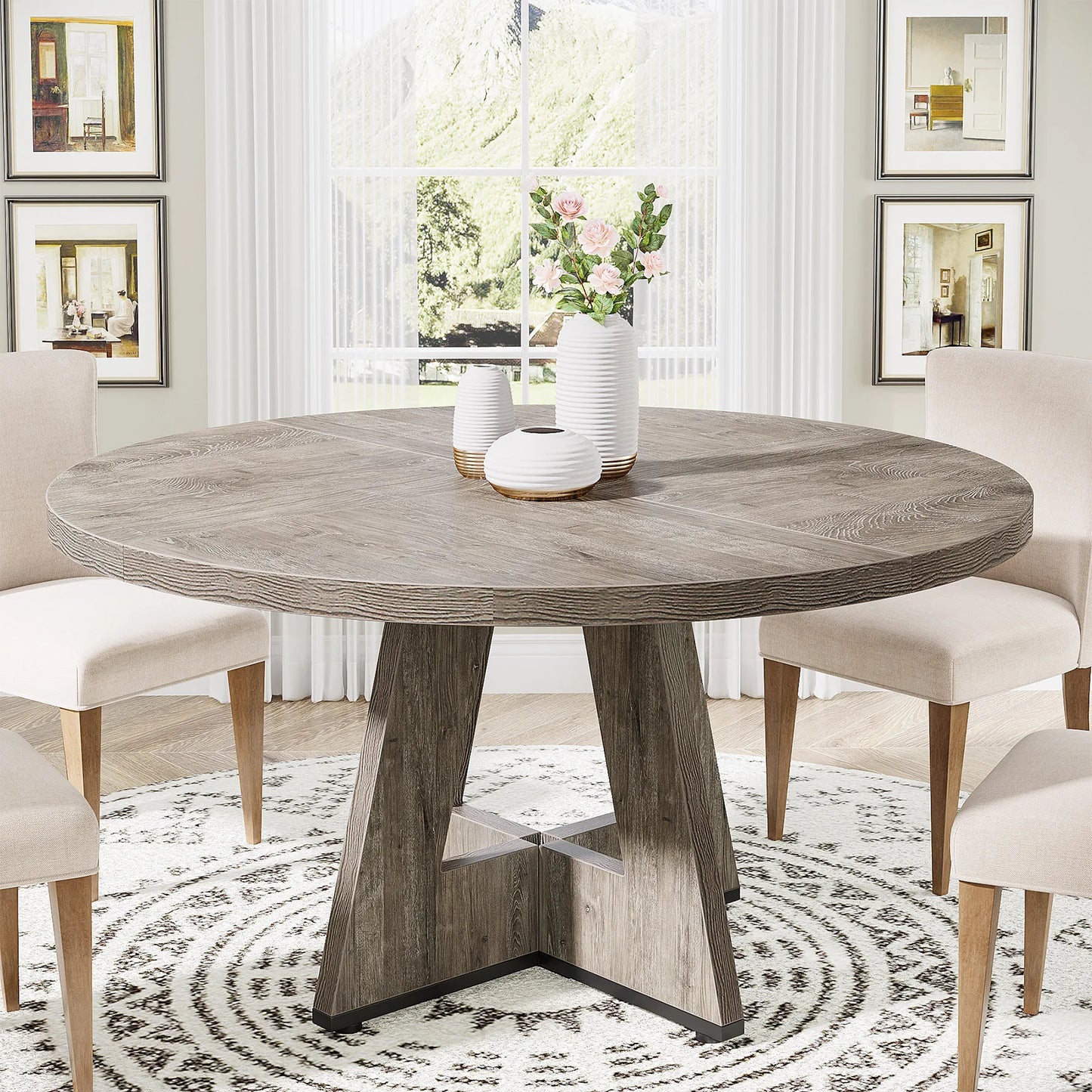 Round Farmhouse Dining Table – Rustic Kitchen Dinette Table for Small Space Dining & Everyday Meals