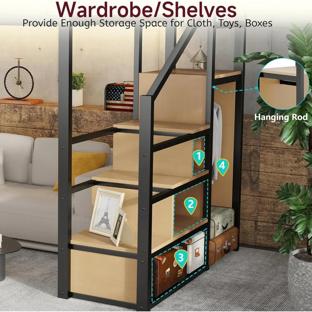 Queen Metal Loft Bed with Storage Stairs – Space-Saving Frame with Shelves & Under-Bed Storage Area