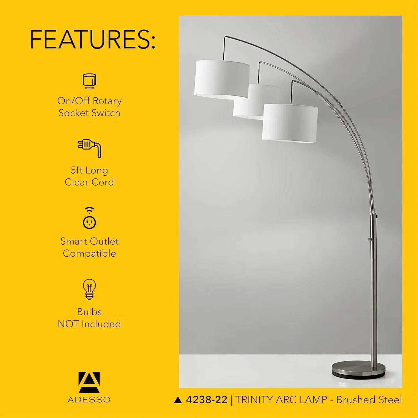 Arc Floor Lamp with 3 Movable Shades – Modern Dimmable Standing Lamp for Living Room or Bedroom