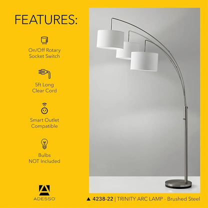 Arc Floor Lamp with 3 Movable Shades – Modern Dimmable Standing Lamp for Living Room or Bedroom