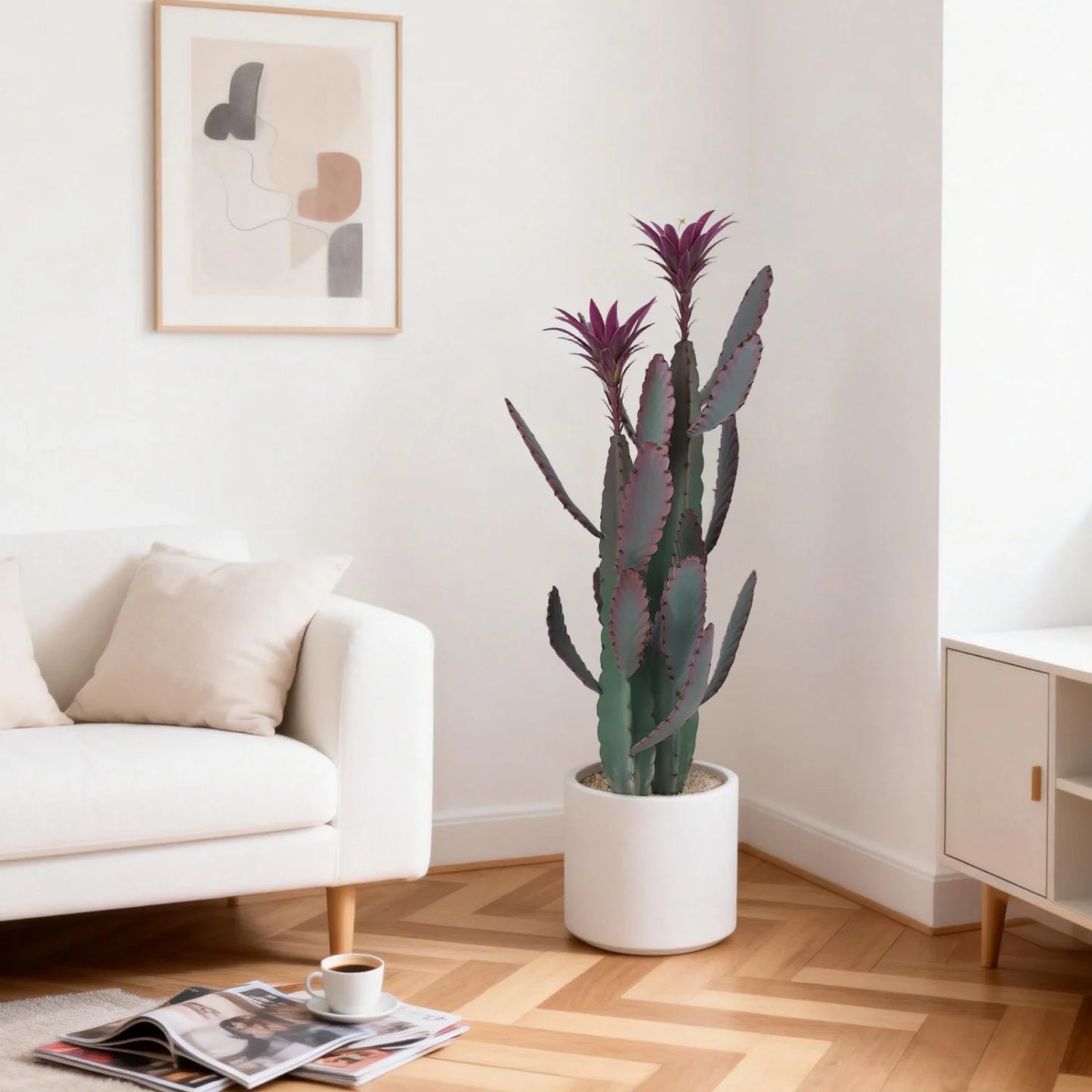 37.8" Artificial Cactus Plant with Purple Flower – UV Resistant Faux Floor Plant for Indoor Outdoor Decor
