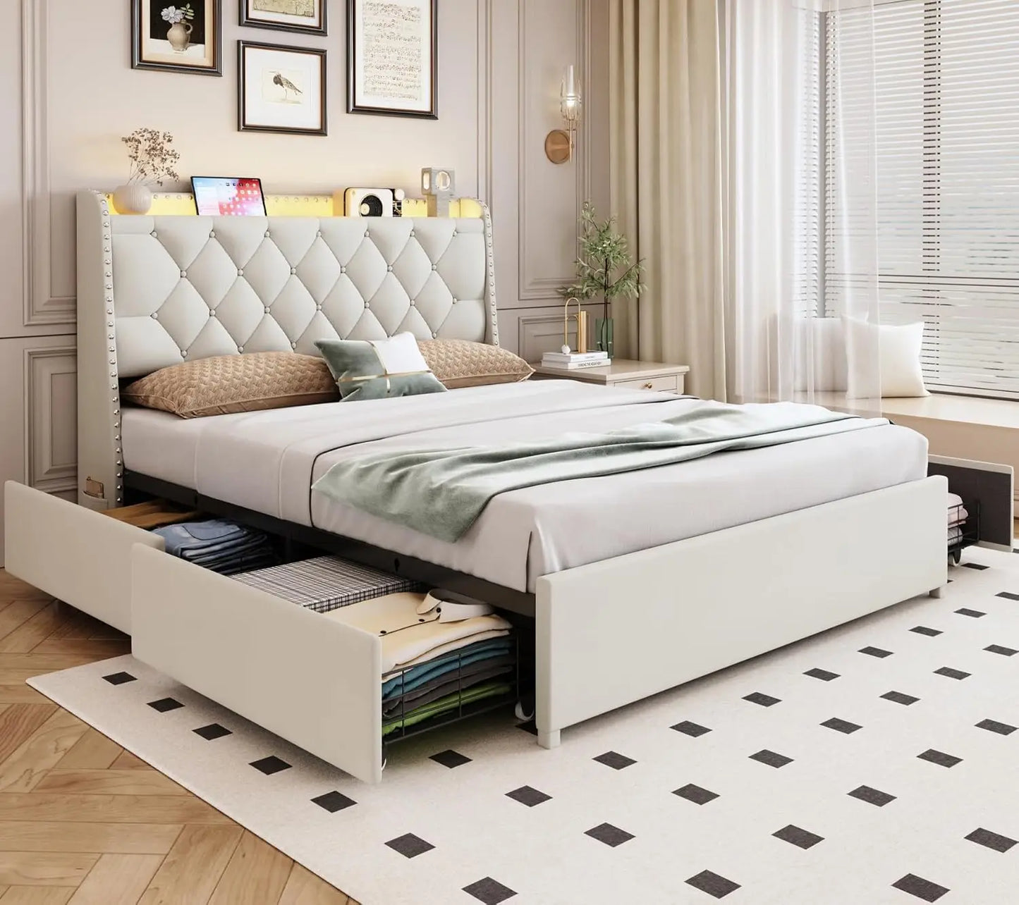 Upholstered Queen Platform Bed with Charging Station – Modern Headboard with USB Ports & Storage
