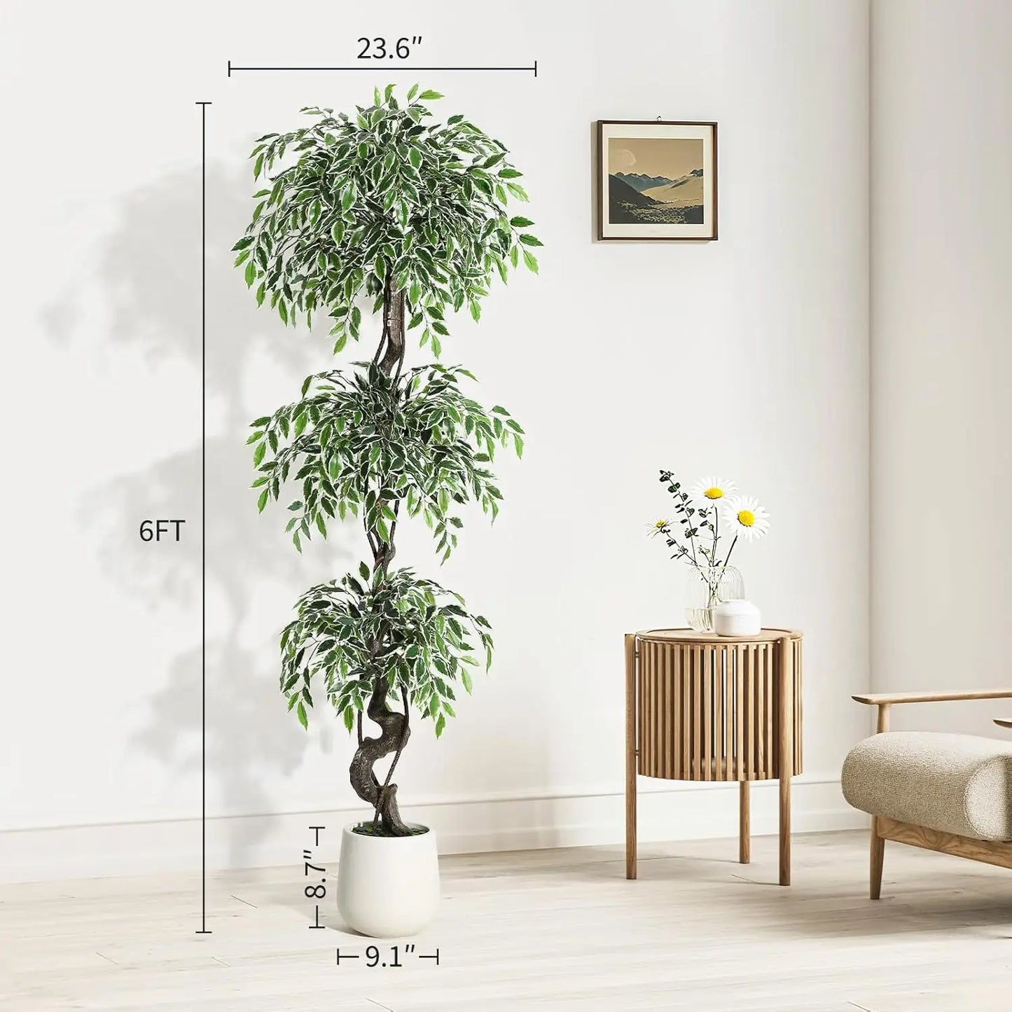 Artificial Ficus Tree – Lifelike Faux Indoor Floor Plant with White Planter and Decorative Moss