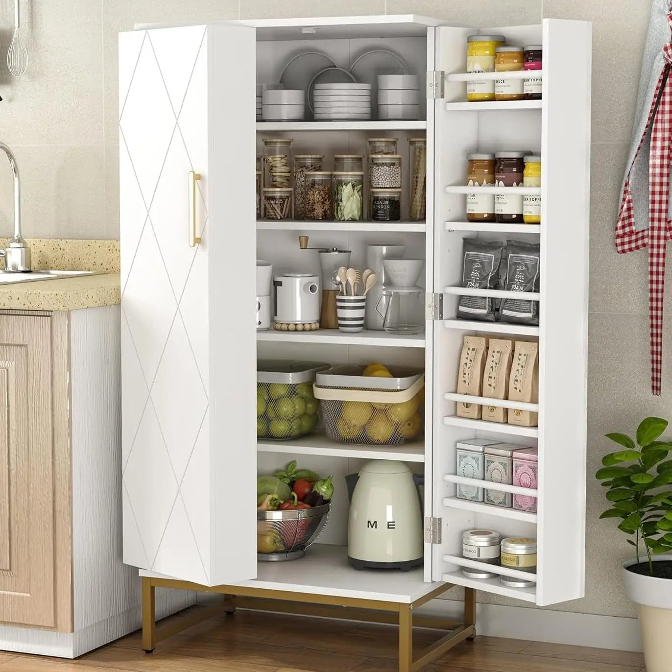 Freestanding Pantry Cabinet with Adjustable Shelves – Tall Kitchen Storage Organizer for Food & Essentials