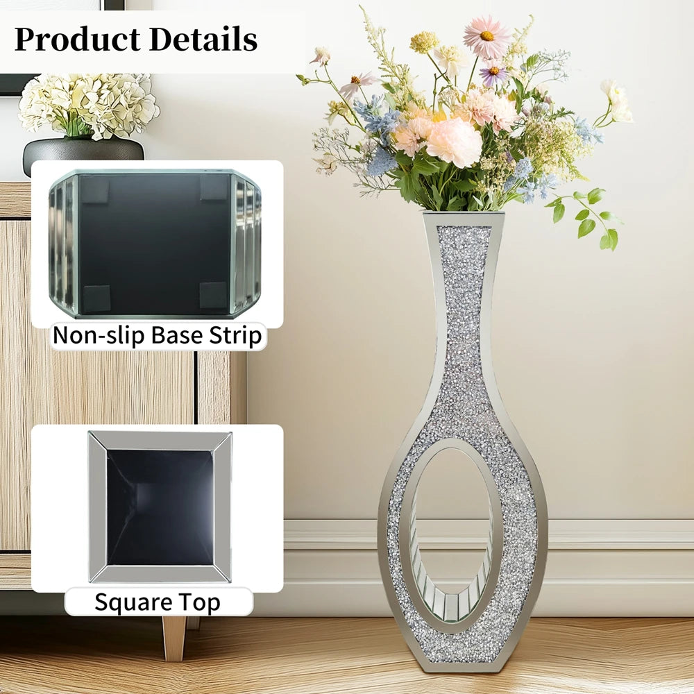 Tall Silver Mirrored Floor Vase – Crystal Crushed Diamond Decorative Glass Vase for Living Room or Entryway