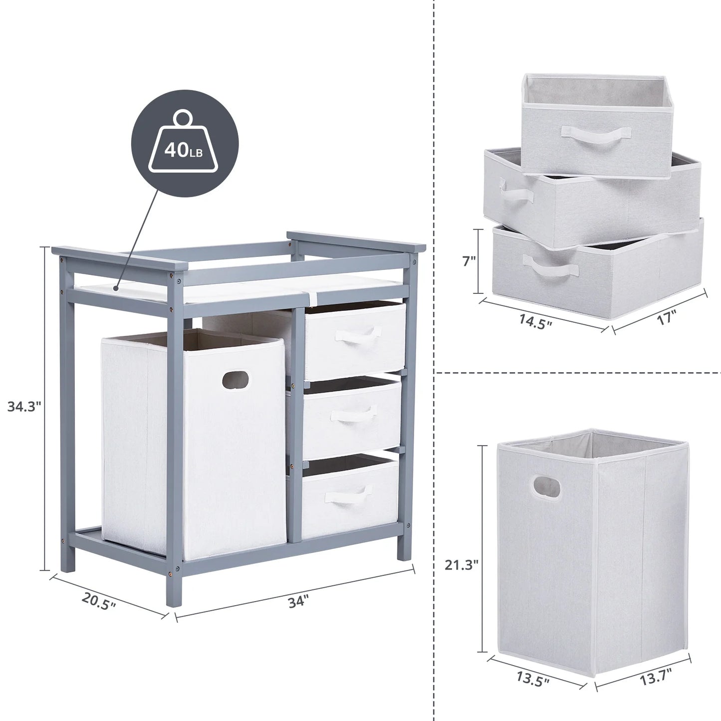 Baby Changing Table Dresser with Laundry Hamper – Multi-Storage Nursery Station with Drawers & Organizer Baskets