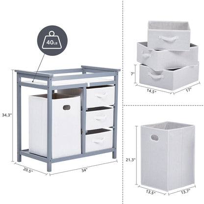 Baby Changing Table Dresser with Laundry Hamper – Multi-Storage Nursery Station with Drawers & Organizer Baskets