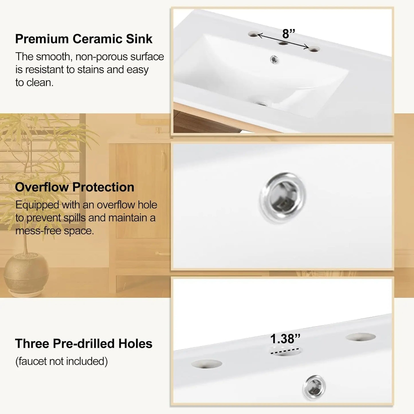 36" Bathroom Vanity with Ceramic Sink – Natural Wood Floating Style Cabinet with Modern Storage