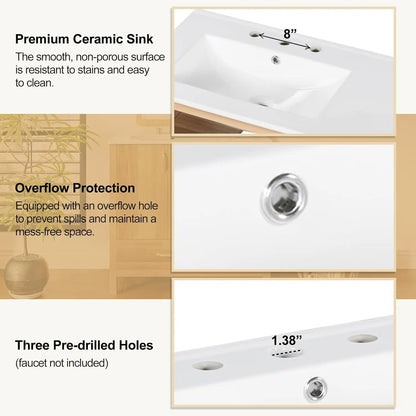 36" Bathroom Vanity with Ceramic Sink – Natural Wood Floating Style Cabinet with Modern Storage