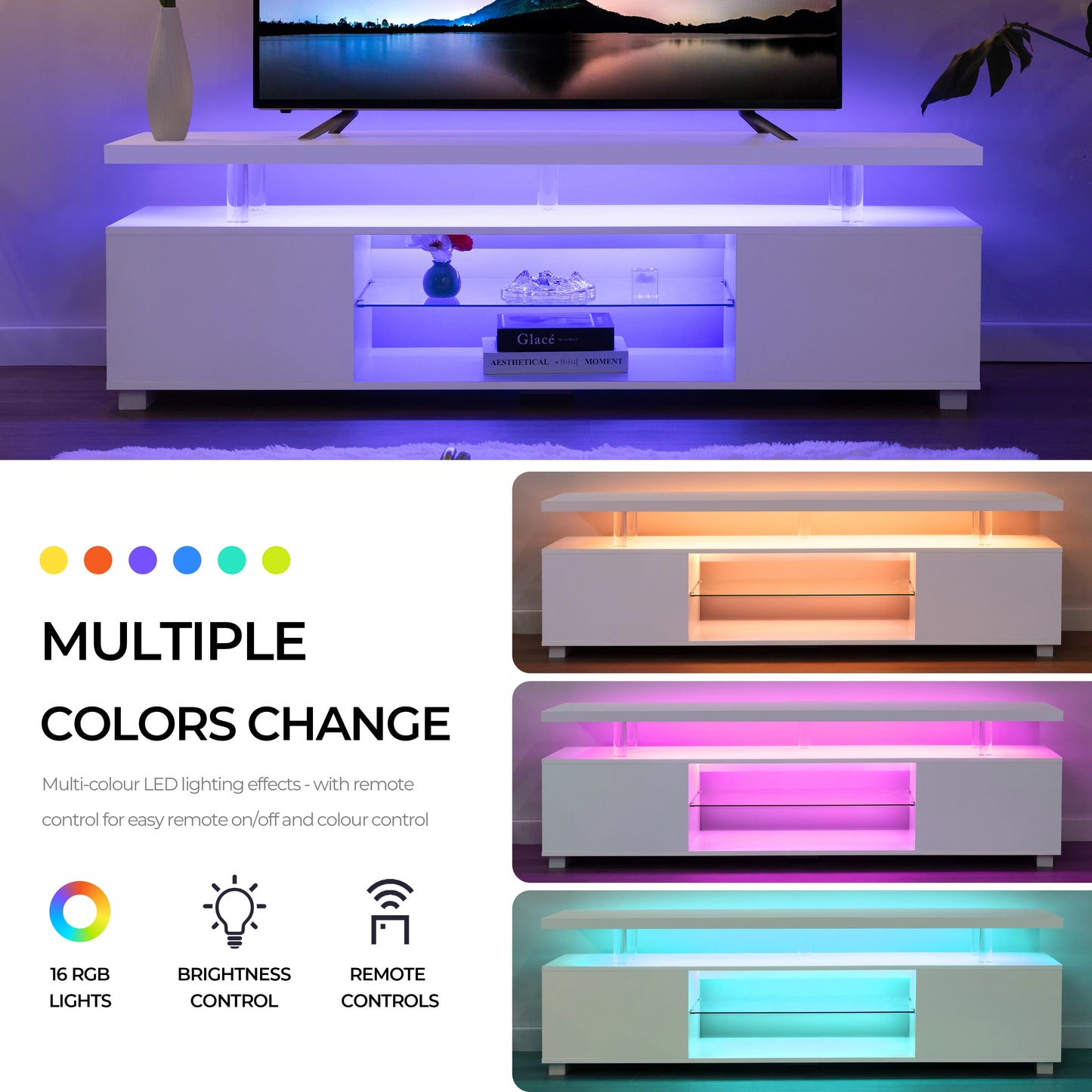 LED Gaming TV Stand – Modern Entertainment Center with Glass Shelves & Storage for Living Room or Bedroom