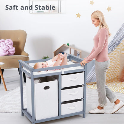 Baby Changing Table Dresser with Laundry Hamper – Multi-Storage Nursery Station with Drawers & Organizer Baskets