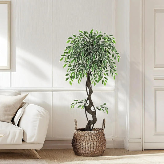 Artificial Ficus Tree – Lifelike Faux Indoor Floor Plant with White Planter and Decorative Moss