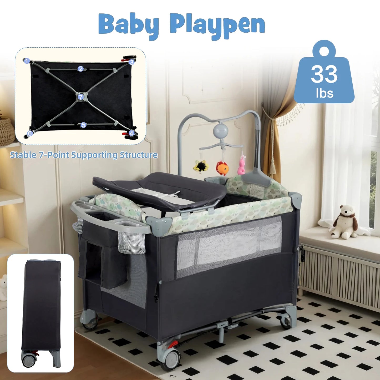 Folding Pack and Play Bassinet – Portable Baby Play yard with Travel-Friendly Design and Easy Setup