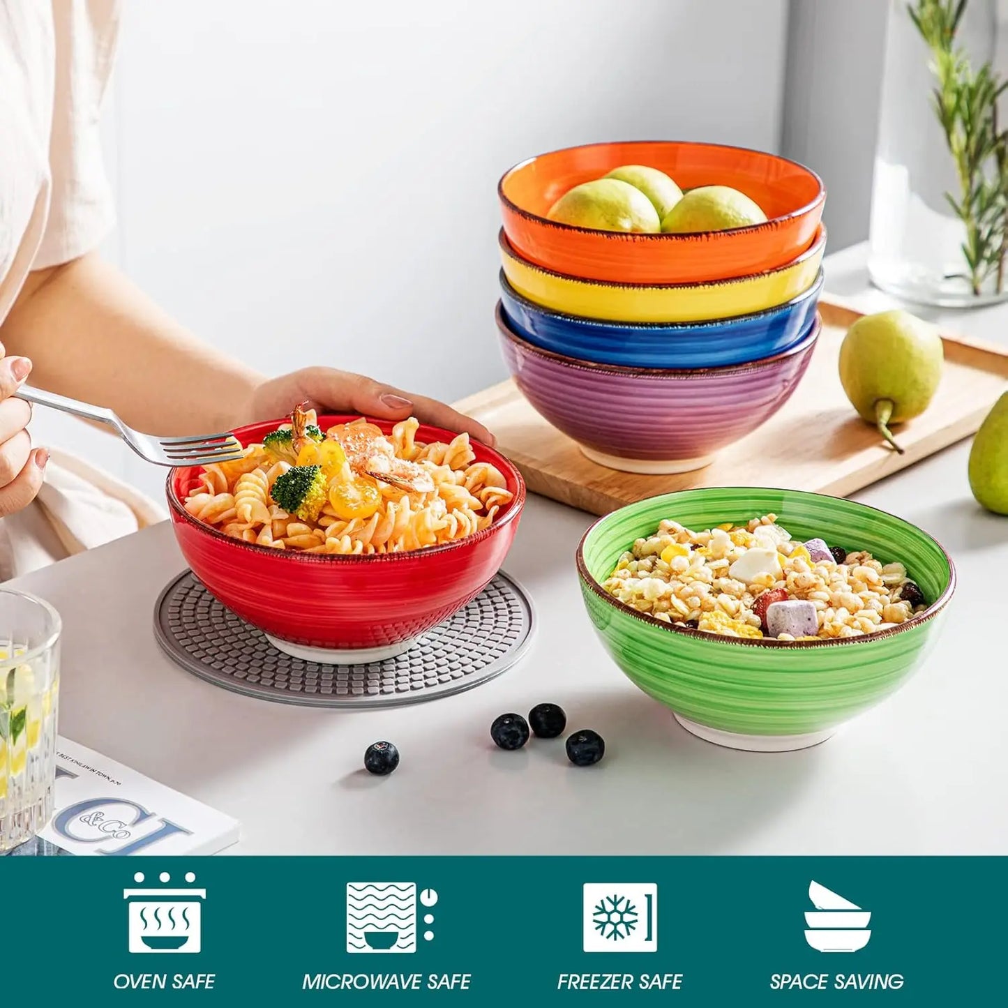 Cereal Bowls Set of 6-27 Oz Ceramic Soup Bowls, Microwave & Dishwasher Safe, 6 Inch Colorful Serving Bowls for Kitchen