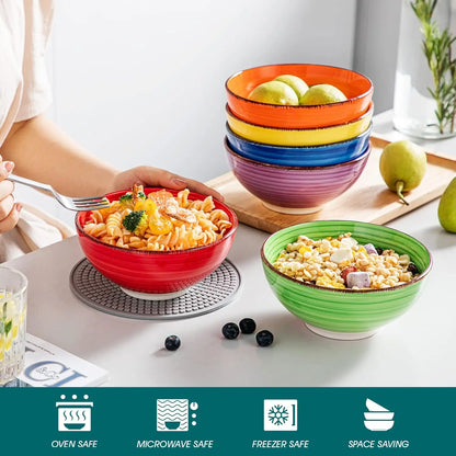 Cereal Bowls Set of 6-27 Oz Ceramic Soup Bowls, Microwave & Dishwasher Safe, 6 Inch Colorful Serving Bowls for Kitchen