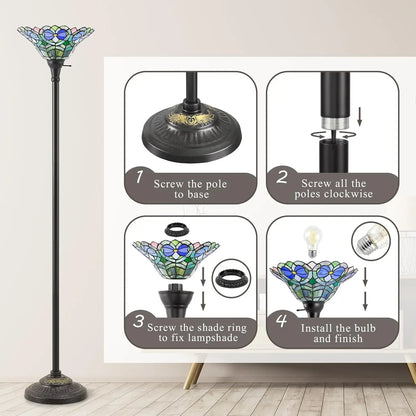 70" Victorian Stained Glass Floor Lamp – Antique Tiffany Style Standing Light for Living Room Decor
