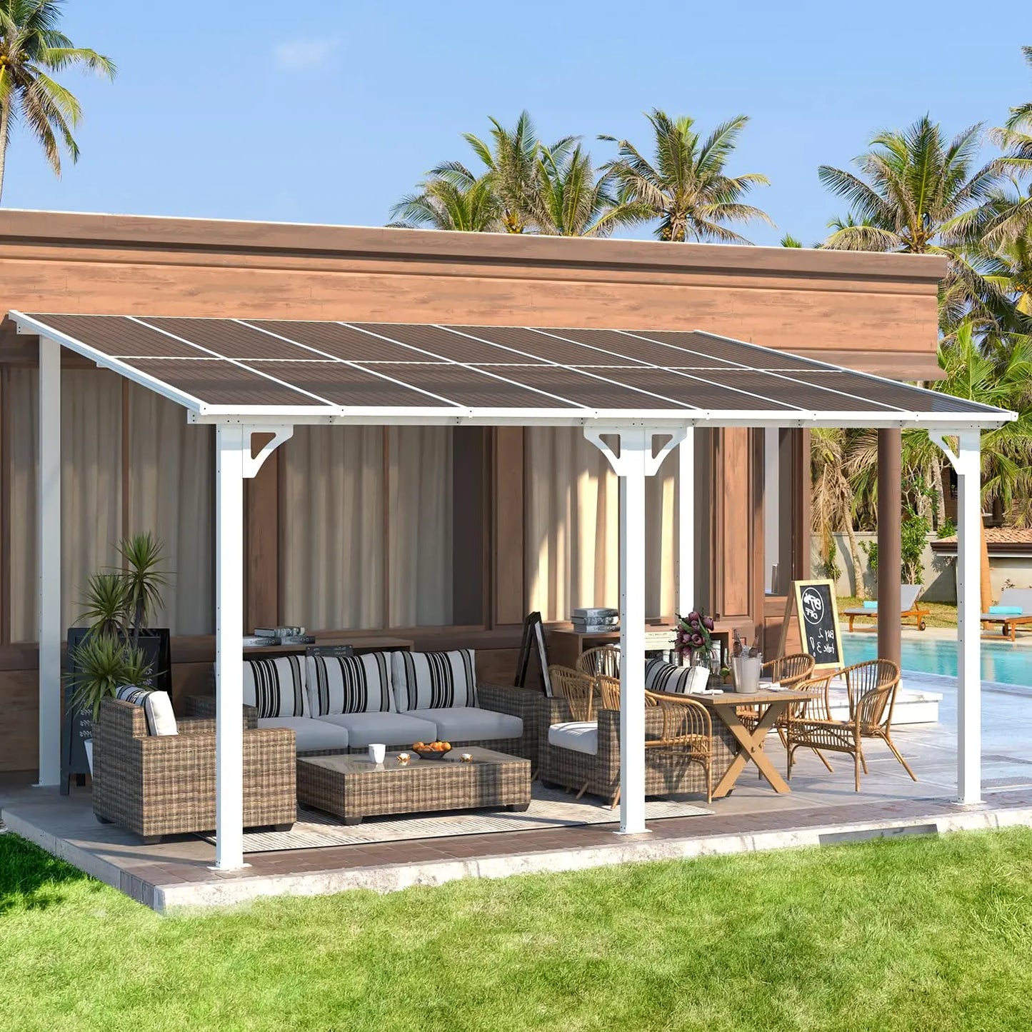 Hard Top Lean-To Gazebo Pergola – Wall-Mounted Steel Roof Patio Cover for Backyard & Outdoor Living