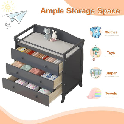 3-Drawer Wooden Baby Changing Table – Nursery Dresser with Safety Rails & Storage for Diaper Station