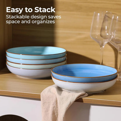 8.5'' Pasta Bowls Set of 6, 30 oz Ceramic Shallow Salad Bowls, Large Serving Soup Bowls Pasta Plates, Microwave & Dishwasher Safe