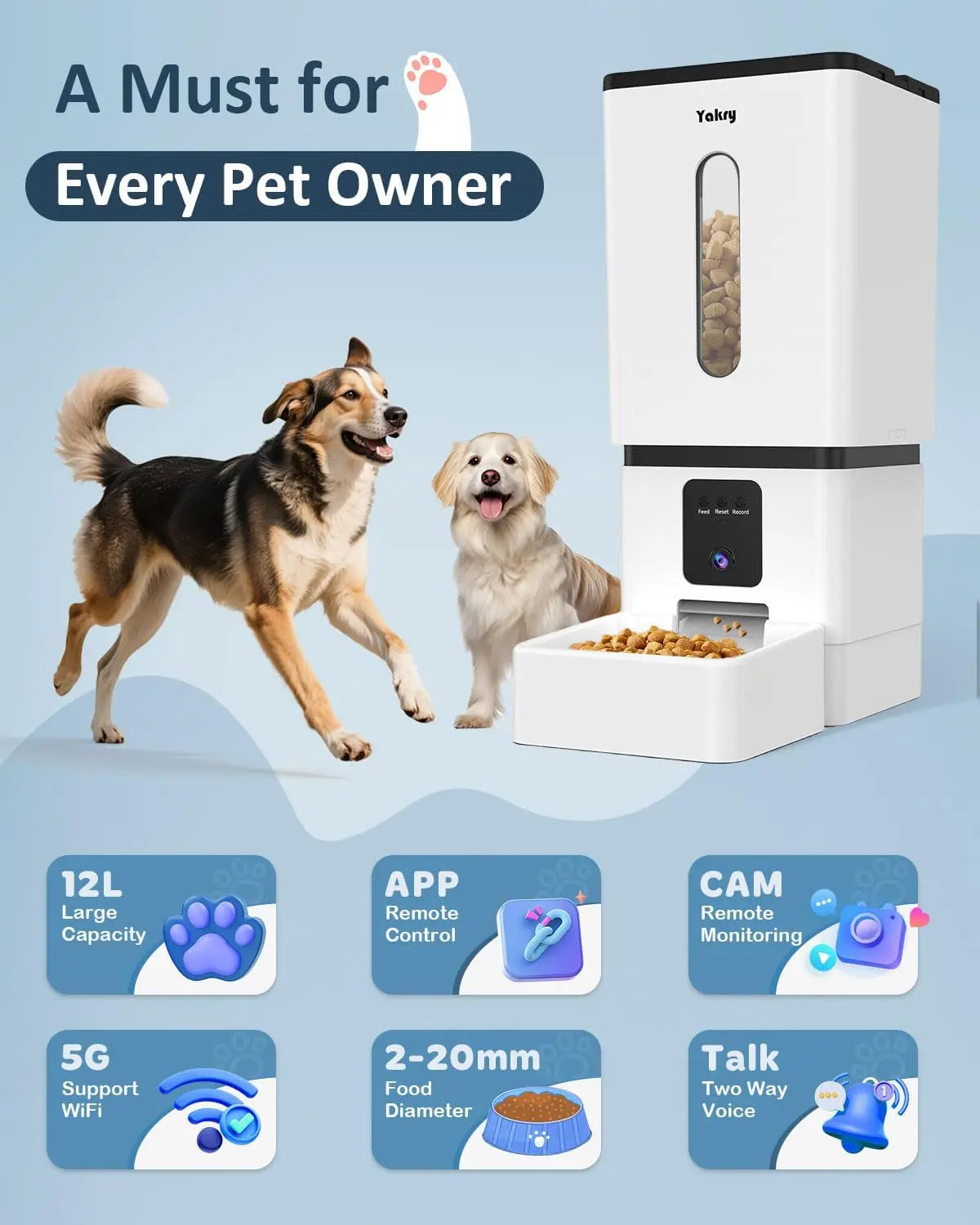 Automatic Dog Feeder with Camera 12L Capacity – Smart App Controlled Food Dispenser for Large Dogs