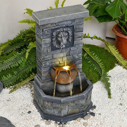 Lion Head Garden Fountain with LED Lights – Wall Mounted Stone Outdoor Water Feature for Patio & Backyard