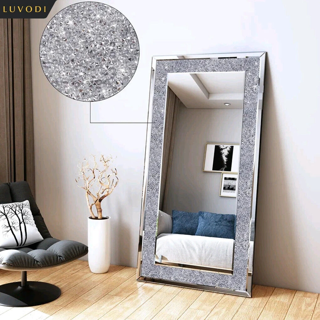 Large Silver Rhinestone Frameless Mirror – Sparkly Crystal Wall Decor for Bedroom, Living Room & Vanity