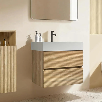 24" Wall Mount Vanity with Ceramic Sink – Modern Floating Bathroom Cabinet in Walnut & Black Finish