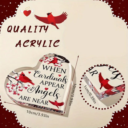 Red Cardinal Memorial Crystal Heart – Sympathy Gift Acrylic Centerpiece for Loss of Loved One