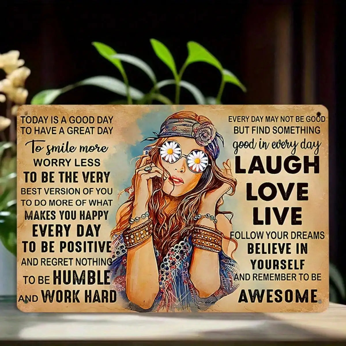 Tin Sign Laugh Love Live Vintage Hippie 8x12 Inches