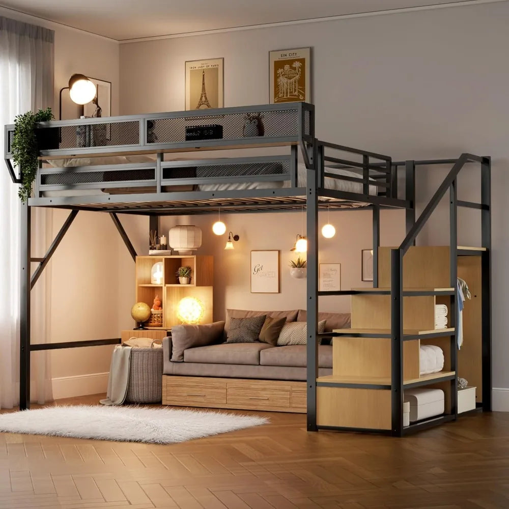 Queen Metal Loft Bed with Storage Stairs – Space-Saving Frame with Shelves & Under-Bed Storage Area
