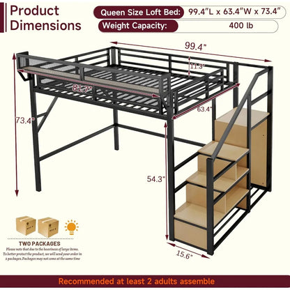 Queen Metal Loft Bed with Storage Stairs – Space-Saving Frame with Shelves & Under-Bed Storage Area