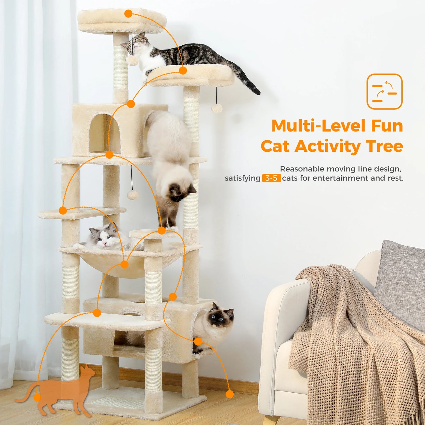 Large Cat Tree Tower with Hammock, Padded Perches & Condos