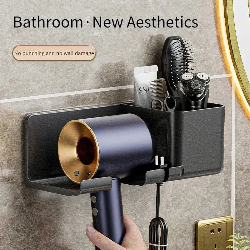 Wall Mounted Hair Dryer Shelf Holder – Space-Saving Bathroom Organizer with Multi-Tool Storage Rack