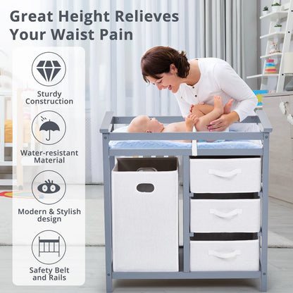 Baby Changing Table Dresser with Laundry Hamper – Multi-Storage Nursery Station with Drawers & Organizer Baskets
