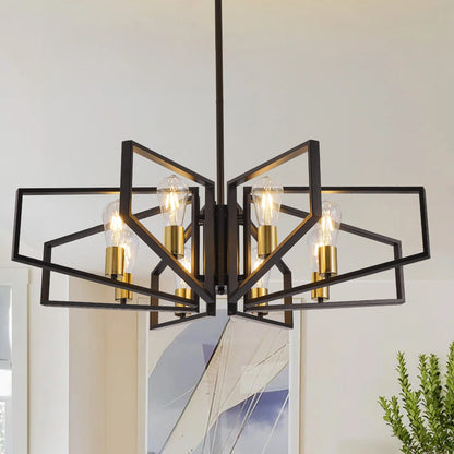 8-Light Geometric Chandelier Black Frame Golden Accents