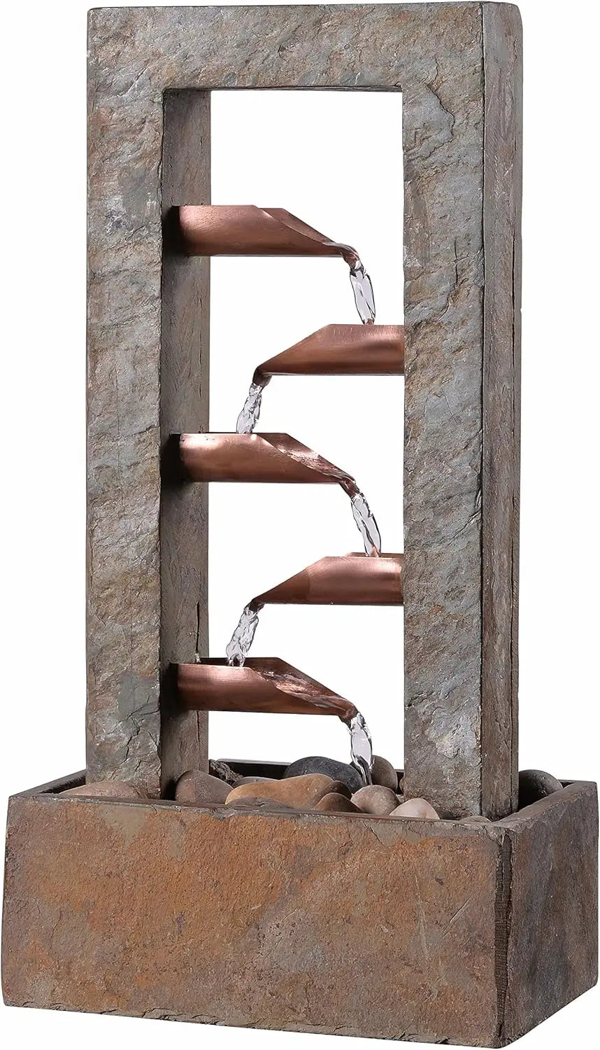 Modern Tiered Water Fountain – Indoor Outdoor Cascading Water Feature with Stone Finish and Copper Spouts
