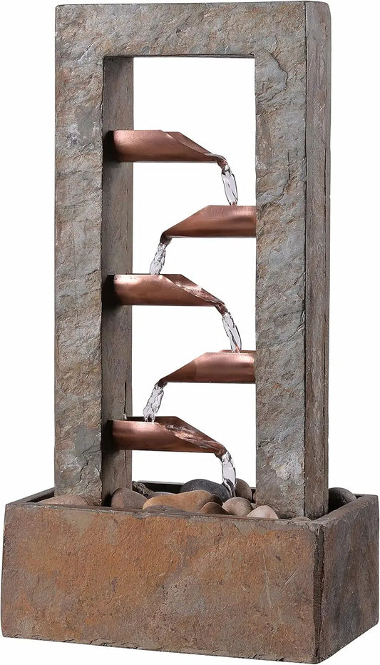 Modern Tiered Water Fountain – Indoor Outdoor Cascading Water Feature with Stone Finish and Copper Spouts