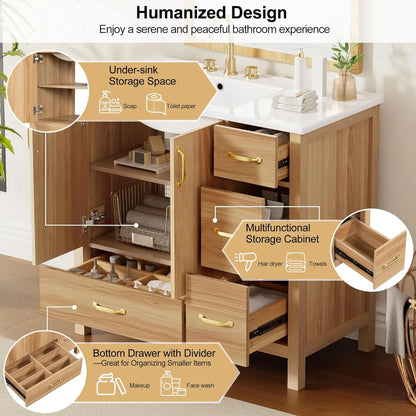 36" Bathroom Vanity with Ceramic Sink – Natural Wood Floating Style Cabinet with Modern Storage