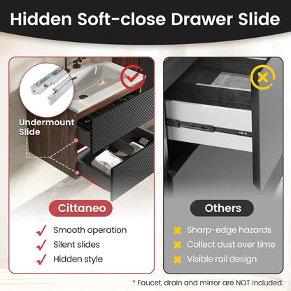 24" Wall Mount Vanity with Ceramic Sink – Modern Floating Bathroom Cabinet in Walnut & Black Finish