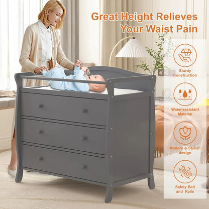 3-Drawer Wooden Baby Changing Table – Nursery Dresser with Safety Rails & Storage for Diaper Station