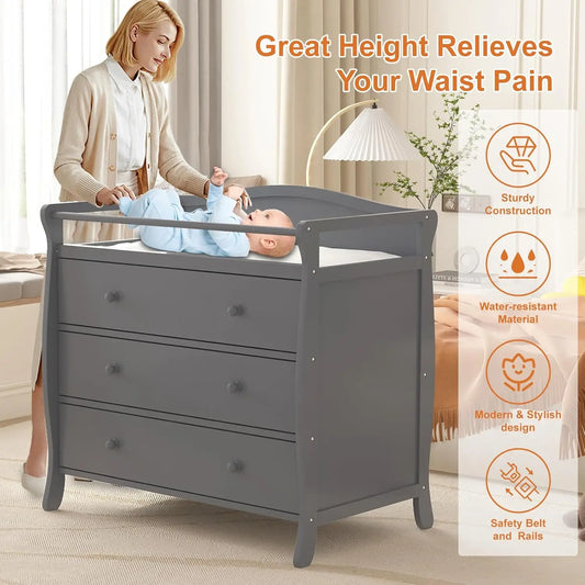 3-Drawer Wooden Baby Changing Table – Nursery Dresser with Safety Rails & Storage for Diaper Station