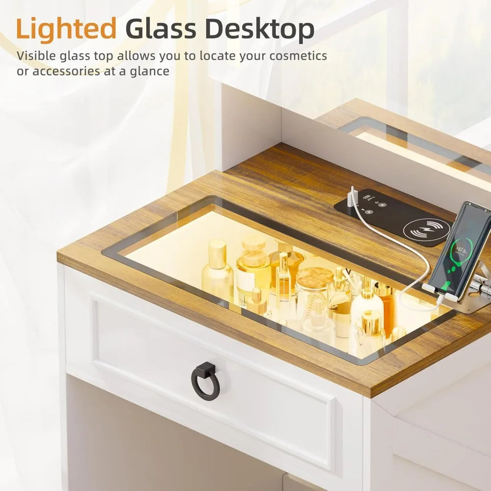 Compact Vanity Desk with Illuminated Mirror & Charging Station – Modern Makeup Table with Storage for Bedroom