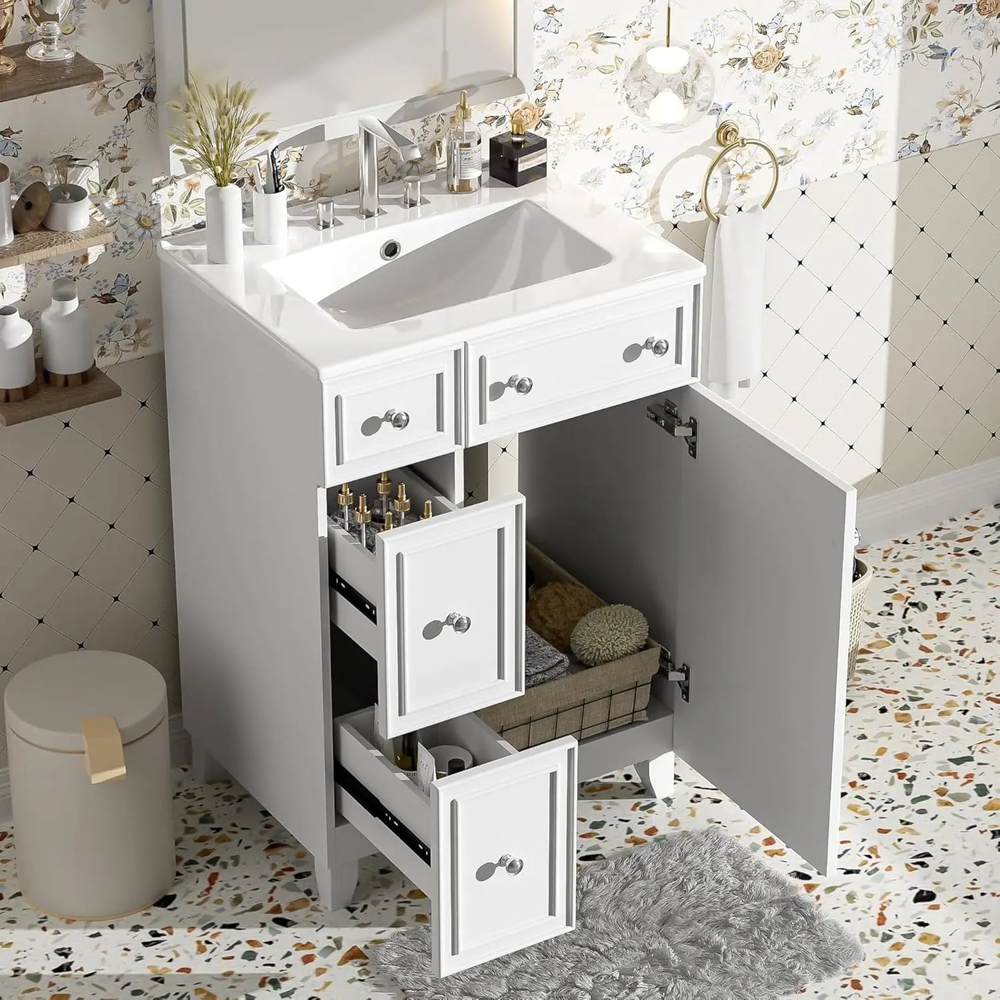 24" Floating Bathroom Vanity with Undermount Sink – Modern Soft-Close Wall Mount Cabinet with Storage
