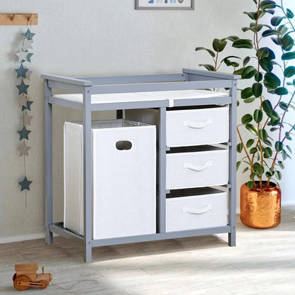 Baby Changing Table Dresser with Laundry Hamper – Multi-Storage Nursery Station with Drawers & Organizer Baskets