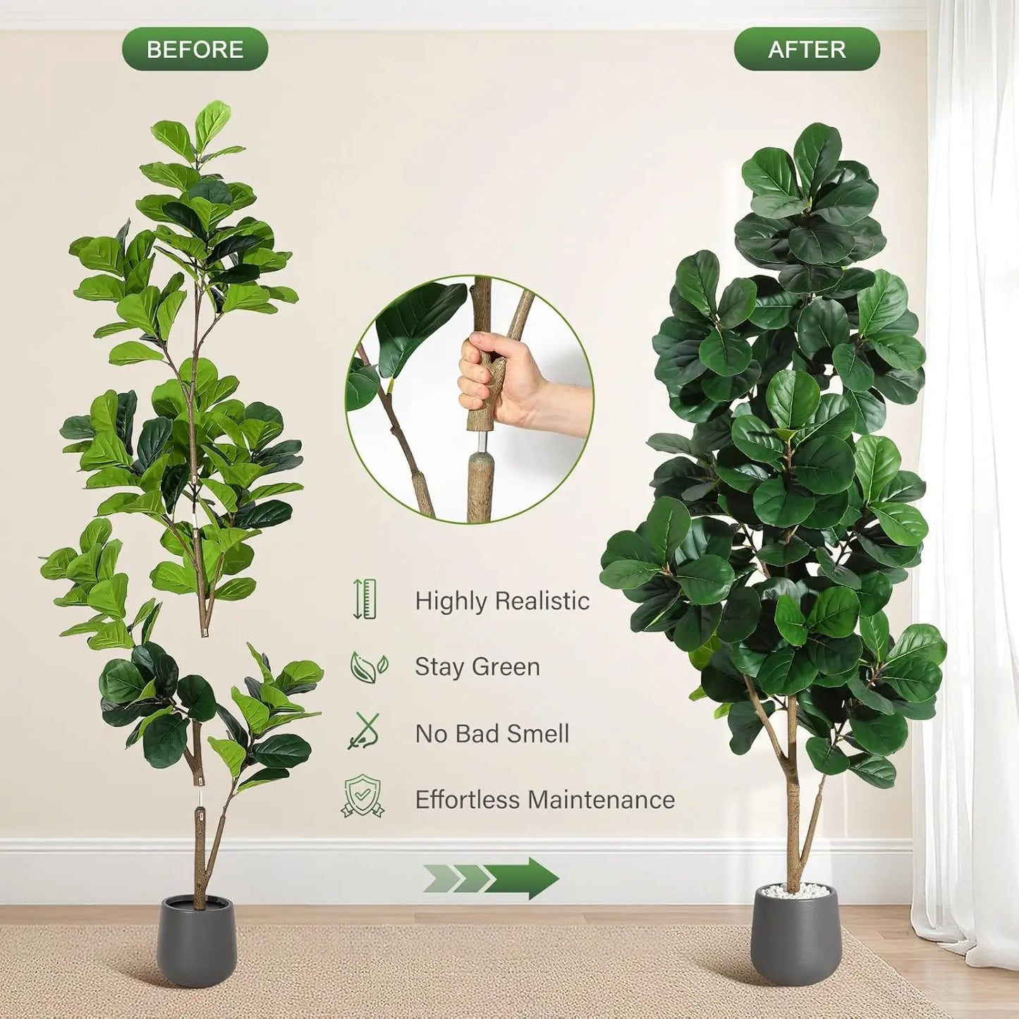 Artificial Fiddle Leaf Fig Tree (4–7 FT) – Lifelike Faux Indoor Floor Plant with Pot for Home & Living Room Decor