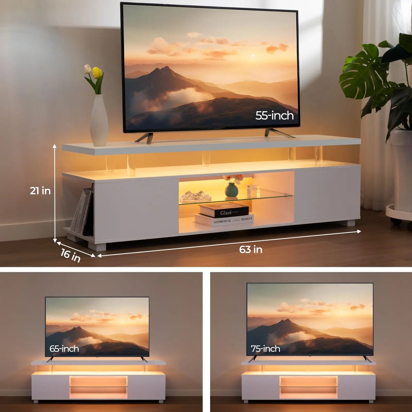 LED Gaming TV Stand – Modern Entertainment Center with Glass Shelves & Storage for Living Room or Bedroom