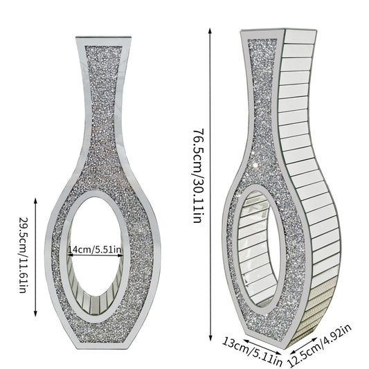 Tall Silver Mirrored Floor Vase – Crystal Crushed Diamond Decorative Glass Vase for Living Room or Entryway